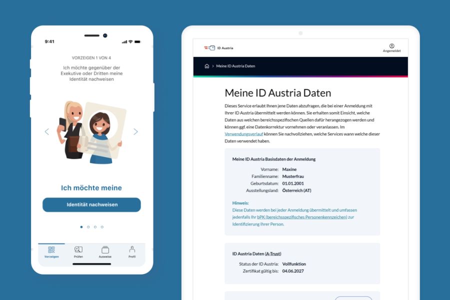Screenshots von der App “eAusweise” in einem Smartphone und der Website “Meine ID Austria Daten” in einer Tablet-Ansicht