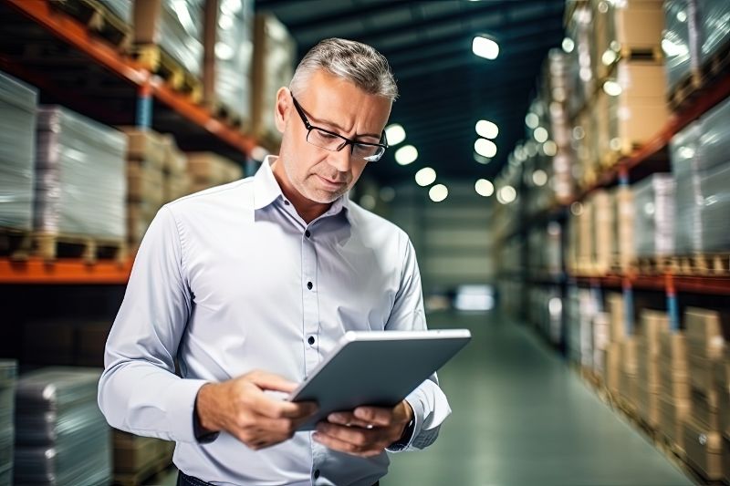 Ein Geschäftsmann mit Brille steht mit einem Tablet in einem Warenlager. 