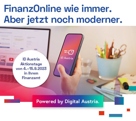 ID Austria Aktionstage von 4. bis 15. September 2023 in den Finanzämtern. Hole die ID Austria. Laptop, Handy mit Logo ID Austria und Schreib-Utensilien auf einem Schreibtisch