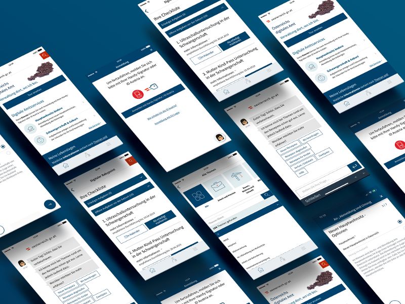 Zu sehen sind mehrere Screenshots verschiedener Oberflächen der App "Digitales Amt"
